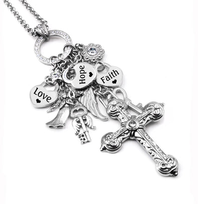 Cross Charm Necklace, Faith, Love, Hope